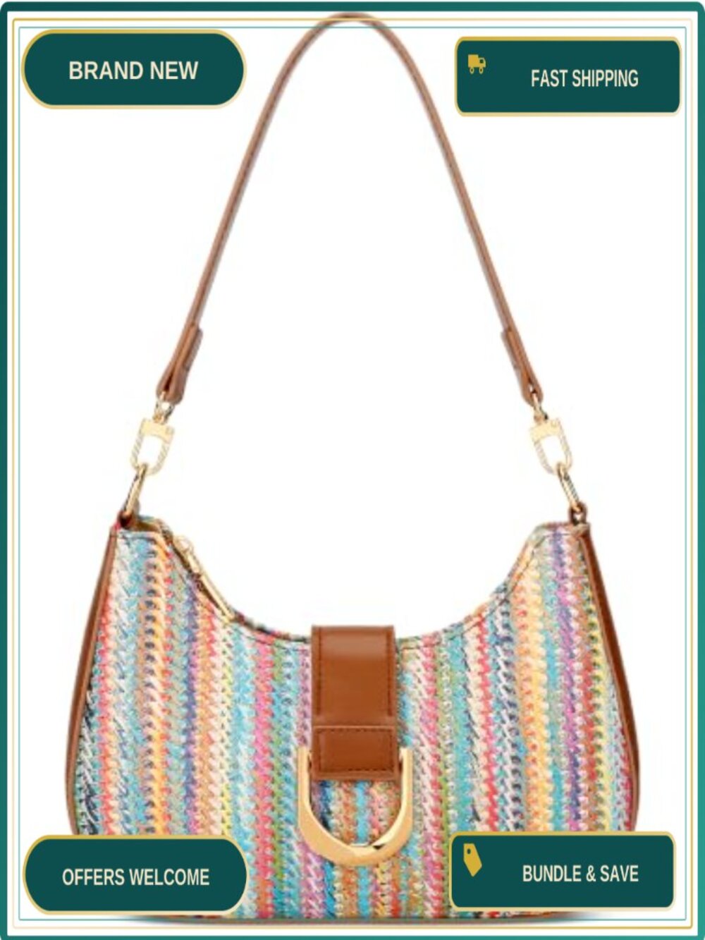 Straw Shoulder Bag Woven Handbag PU Leather Beach Purse